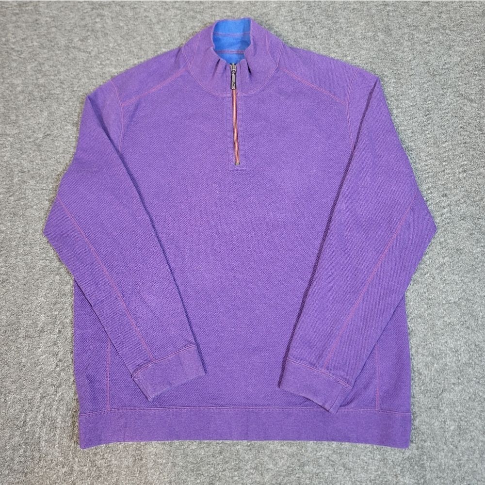 Tommy Bahama Mens 1/4 Zip Reversible  Sweater Size L Purple Blue Long Sleeve